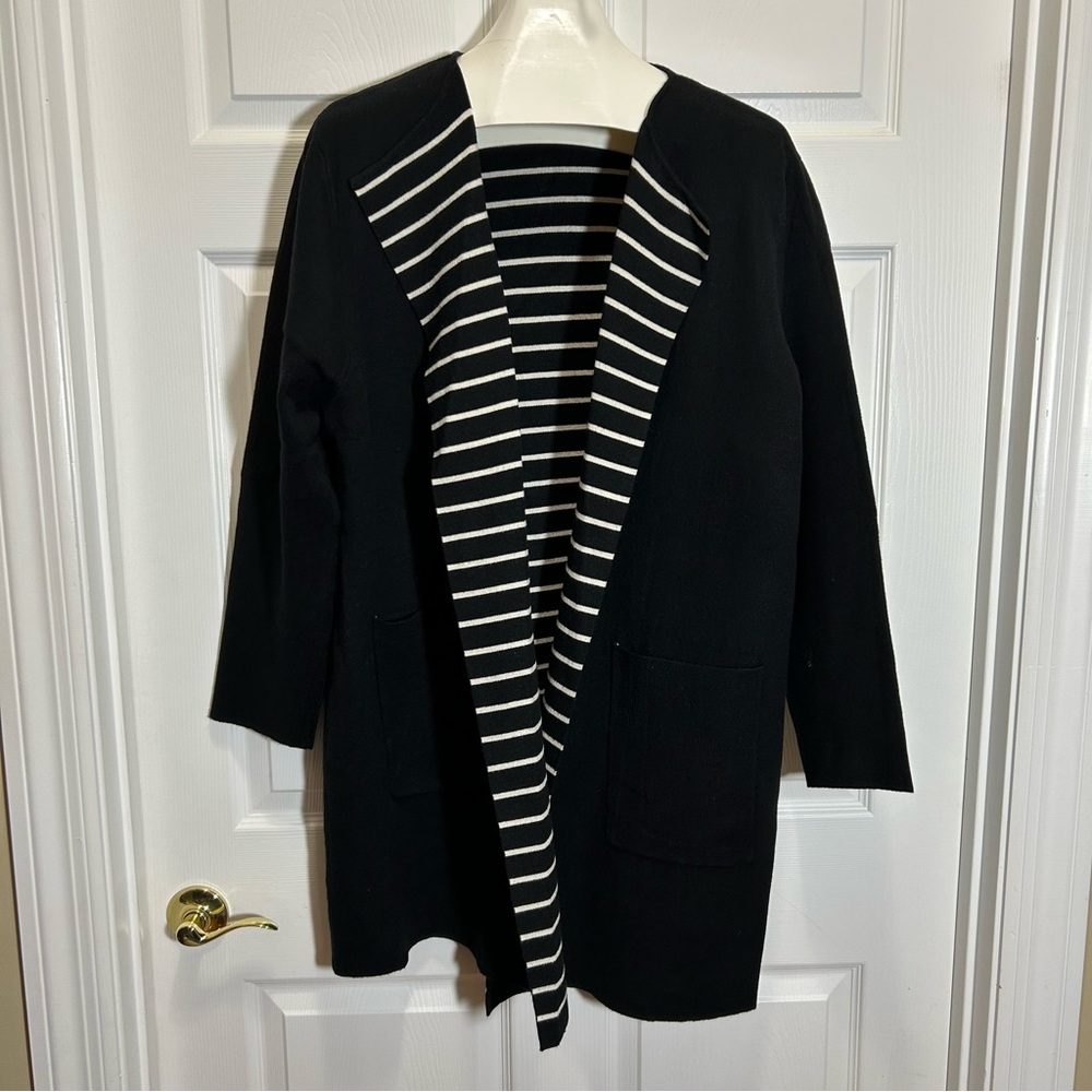 Max Studio Black Cardigan Coat with White Stripes